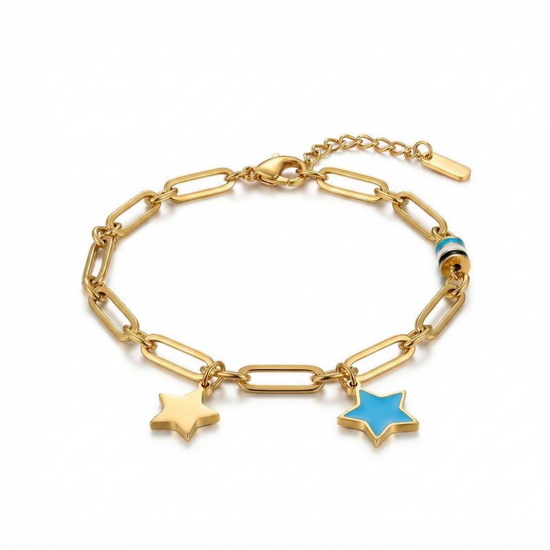 A stylish gold bracelet, crafted from rust-resistant stainless steel, featuring a modern chain design and star-shaped charms (gold and blue). A touch of elegance for your wrist with an adjustable clasp for a perfect fit. - Image 1
